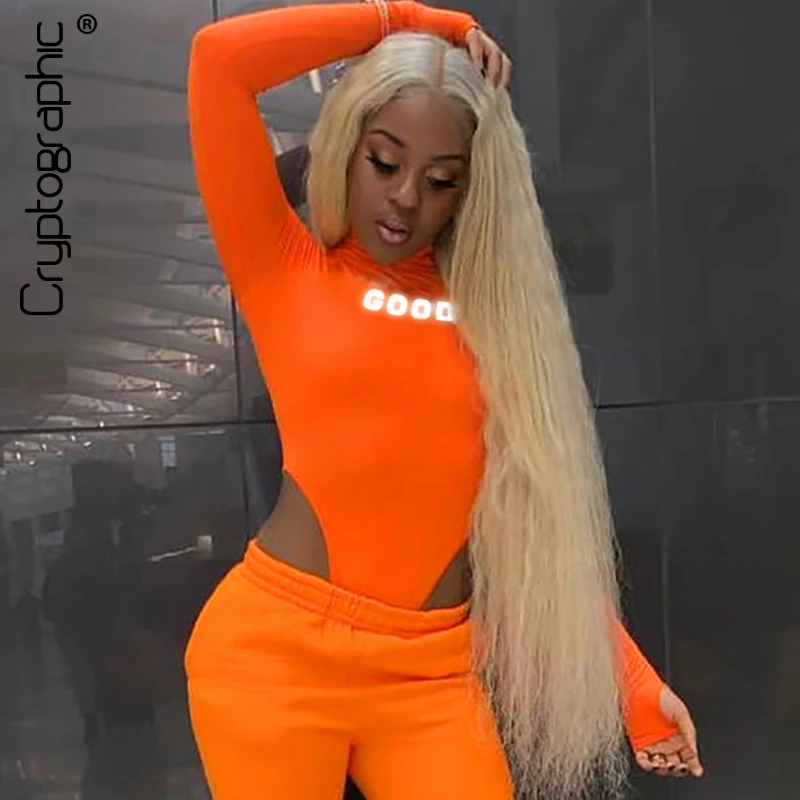 

Cryptographic Holographic Letters Round Neck Women's Bodysuit Fashion Neon Long Sleeve Sexy High-Cut Bodysuits Female Skinny