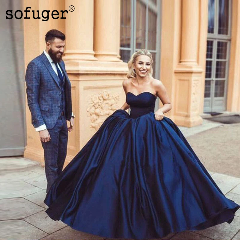 

Navy Blue Satin New Princess Pleat Off the Shoulder Ball Gown Prom Dresses Custom Made Plus Lace Up back Sweetheart 2019