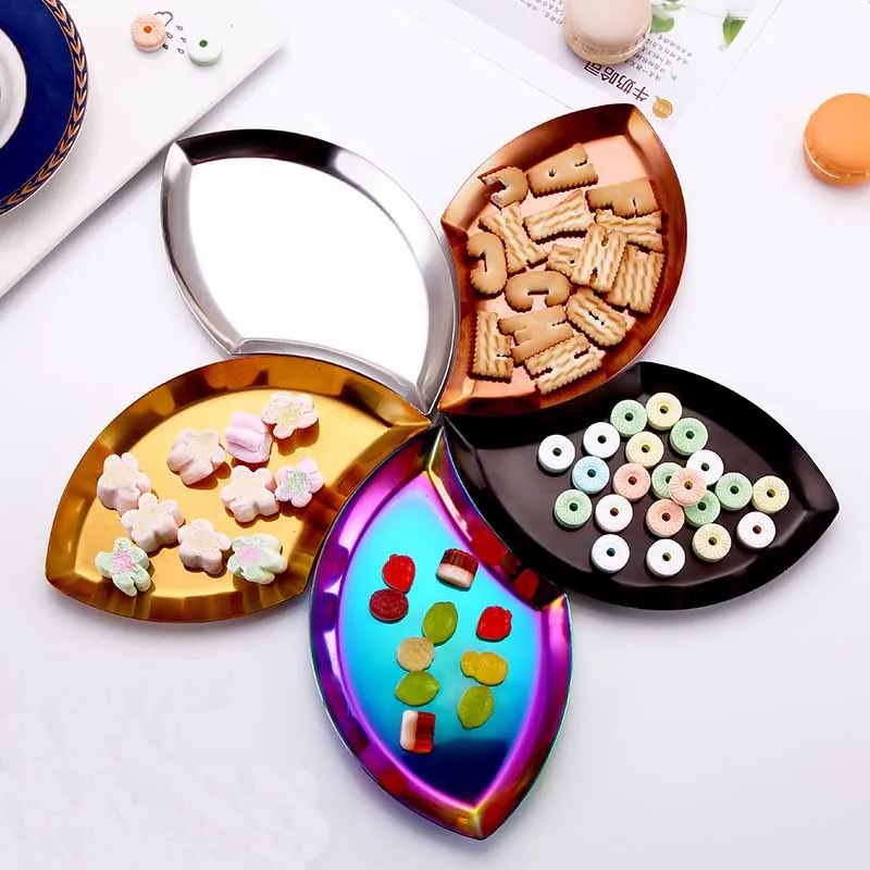 

Stainless Steel Tray Snacks Plate Fruit Tray Colorful Leaf Shape Dish Jewelry Candy Dried Food Container Christmas Cutlery 1pcs