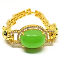 Leopard Rhinestone 18k Gold Plated Women Wedding Jewelry Green Jade Bangle Bracelet