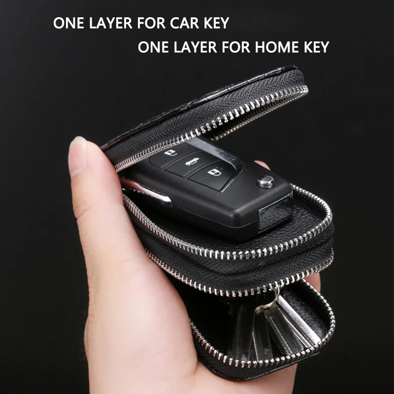 Черный ключа автомобиля кошелек сумка из натуральной кожи держатель Автомобильный Брелок молнии чехол для авто дистанционного брелока