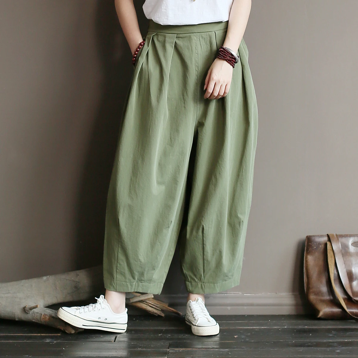 NINI WONDERLAND осенние брюки женские хлопковые винтажные свободные одноцветные шаровары весенние повседневные брюки редиска брюки большого размера - Цвет: green