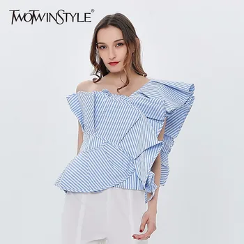

TWOTWINSTYLE Ruffle Striped Blouse Off Shoulder Sexy Women's Shirt Sleeveless Tops Female Clothes Korean Large Sizes Summer 2020