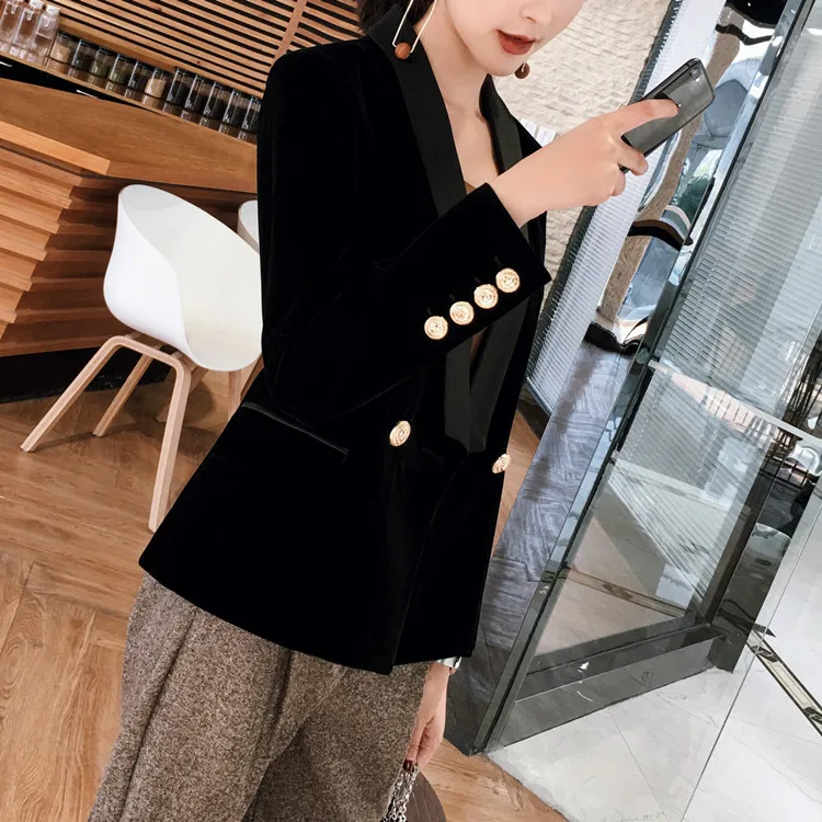 

Black Gold Velvet Small Suit Spring and Autumn New Green Collar Short Paragraph Long Sleeve Casual Suit Jacket Female Jackets