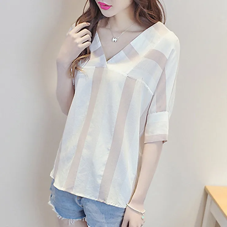 New Striped Blouses Women Shirts Ladies 2018 Summer Half Sleeve Womens Tops And Blouses V-neck Cotton Linen Blusas Femininas  (4)