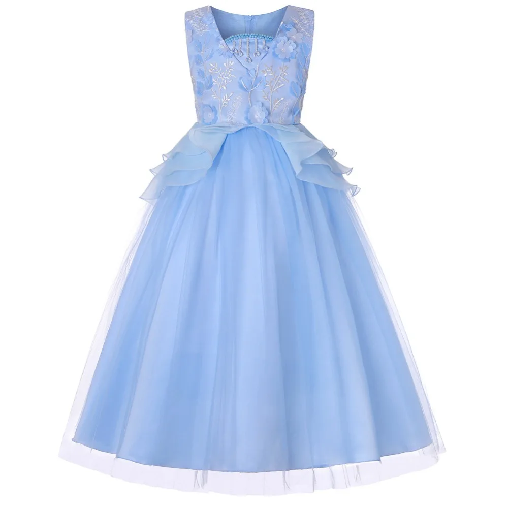 

CAILENI Kids Girls Long Dress for Birthday Wedding Party Flower Girl Dresses Elegant Princess Ball Gown Blue 2019 Children Frock