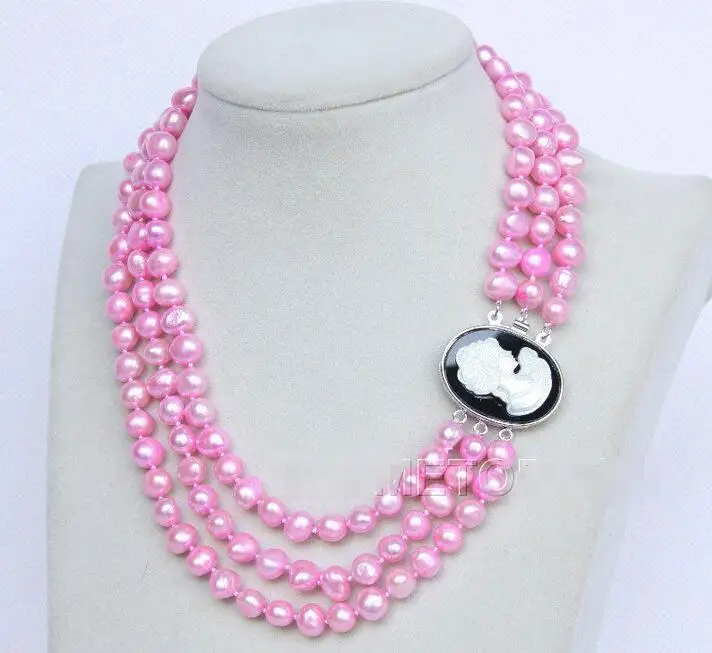 

Free shipping hot sale Women Bridal Wedding Jewelry >>16"-18" 3row 9mm pink pearls necklace seashell clasp E2741
