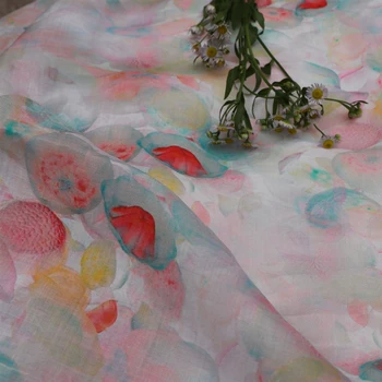 

High quality pure fabric ramie Pink-blue jellyfish tissu High-end Women's Dresses and Dresses Summer Thin Style patchwork