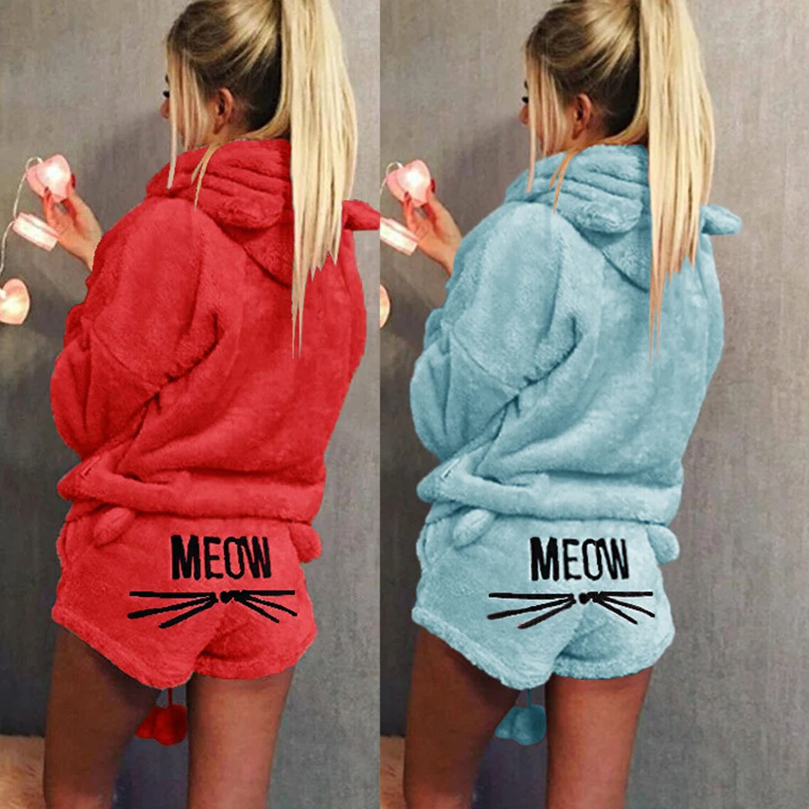 

Plus Size Winter Embroidery Cat Two Piece Sets Top and Pants 2018 Casual Cute Women's 2 Piece Outfits Pajamas Hooded Tracksuit