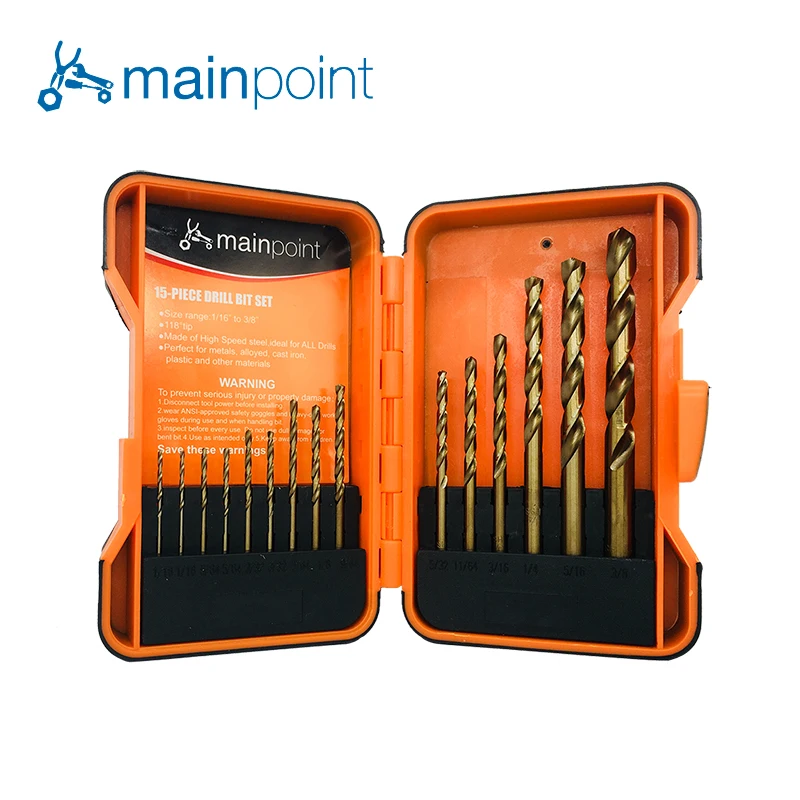 

Mainpoint HSS Twist Drill Bits 15Pcs SAE High Speed Steel Metalworking 1/16"-3/8" Multifunctional Power Drill Bits Tools Sets