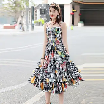 

XF 2018 High Quality Fashion Designer Runway Summer Dress Bohemian Ladies' Sling Card Floral Step Plaid Print Dress