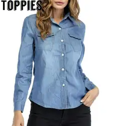 2018 Осенняя Женская Джинсовая блузка с длинными рукавами с отложным воротником тонкие джинсы рубашки светло-темно-синие цвета