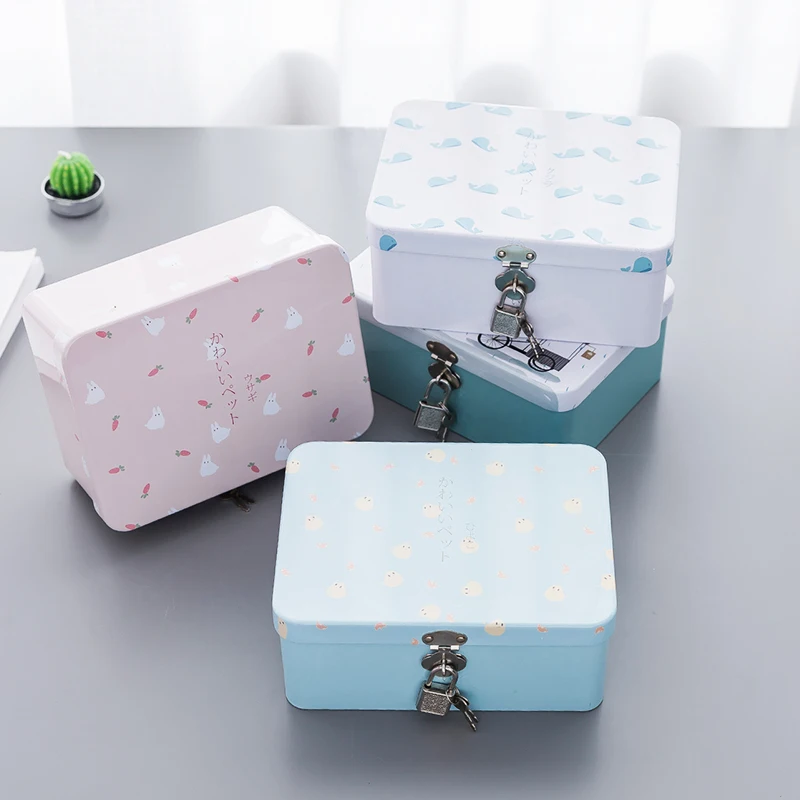 

1pc Creative Tinplate Box With Lock Storage Box Desktop Storage Organizer Small Box Cosmetics Box