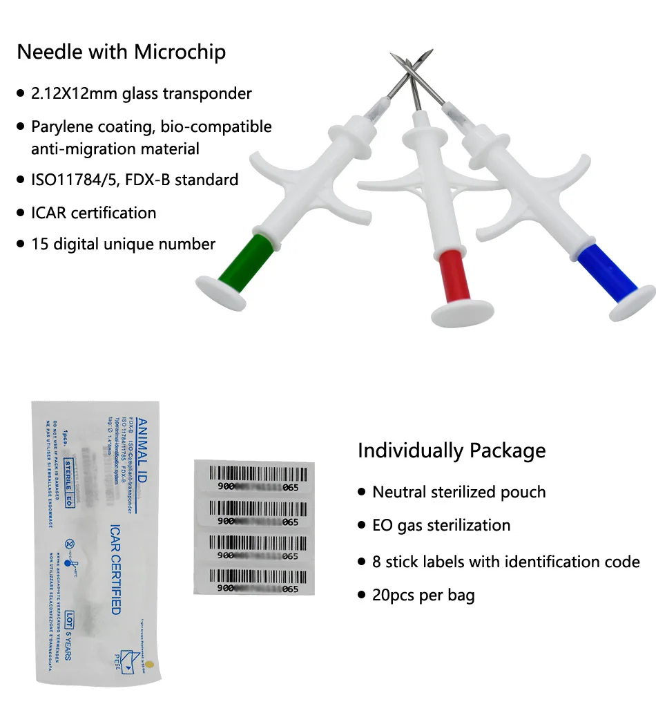 

20pcs/lot 134.2KHz ISO FDX-B Animal Dogs 1.4*8mm Pet Microchips Transponder Syringe animal Id Implantable Syringe injector