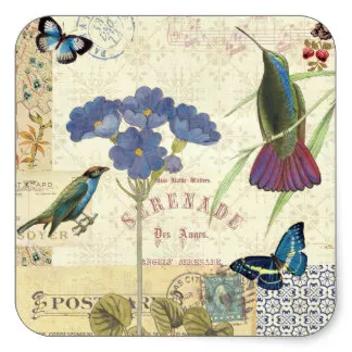 3,8 см винтажный букет цветов, птиц и бабочек квадратный стикер