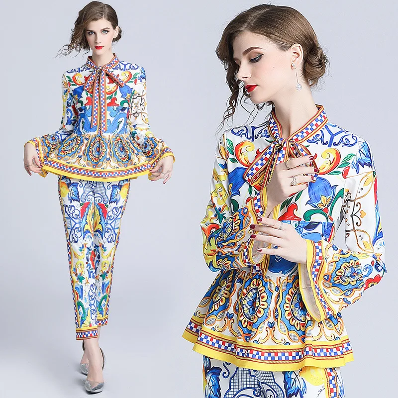

Fashion Runway Print Pants Suit Sets Women's Flare Sleeve Bow Collar Blouses and Ankle-Length Pants 2 Pieces Set women tracksuit