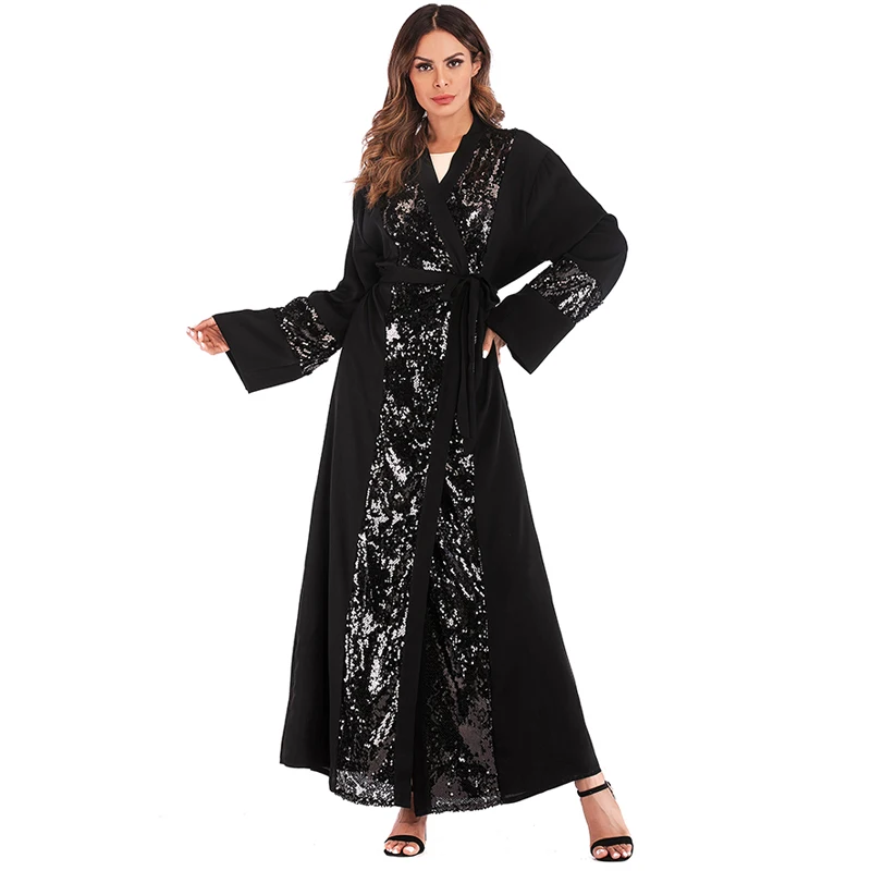 Черный абаи Дубай кафтан ислам кардиган с пайетками мусульманский хиджаб платье кафтан Оман Катара Абая для женщин турецкая исламская одежда