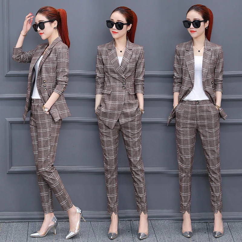 

2019 Spring new ladies fashion plaid suit suit female Korean version of the suit nine pants temperament two-piece suit