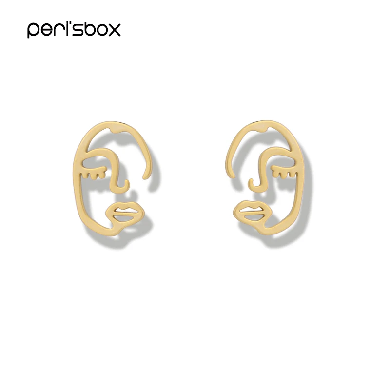 

Peri'sBox Gold Silver Color Hollow Face Small Stud Earrings Abstract Character Studs Earrings Personality Unique