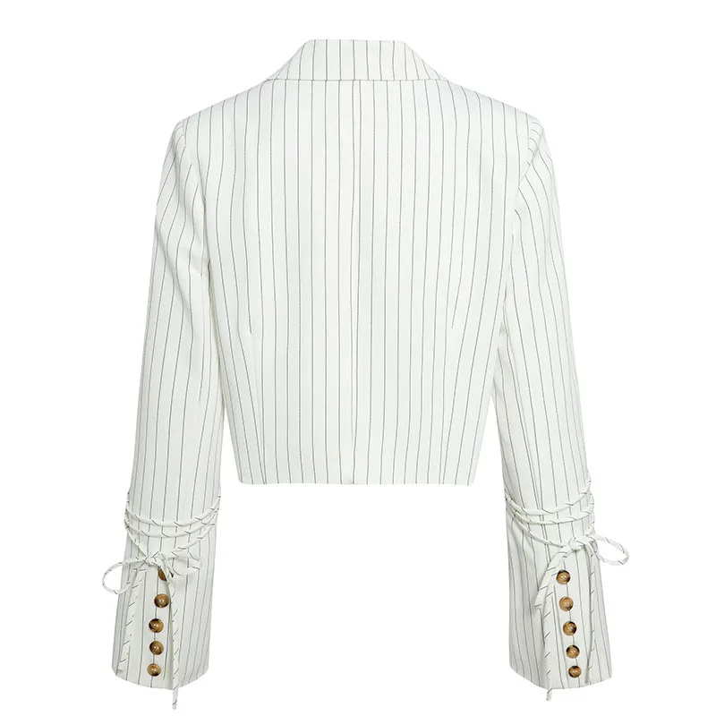 NLW White Stripe Women Blazers Jackets Long Sleeve Short Autumn Winter Blazer Streetwear Pockets Belt Business Blazer