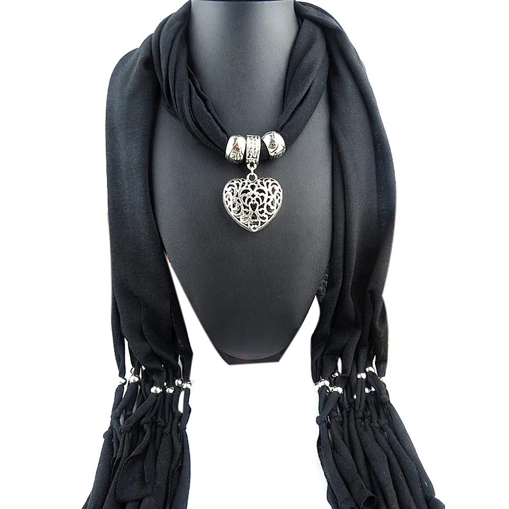 Women Winter Heart Gemstone Necklace Scarf Lady Tassel Warm Scarves