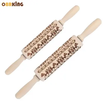 

OBRKING Christmas Themed Embossing Rolling Pin Dough Pastry Tool Fondant Pasta Roller Wooden Handle Pizza Cookie Baking Supplies