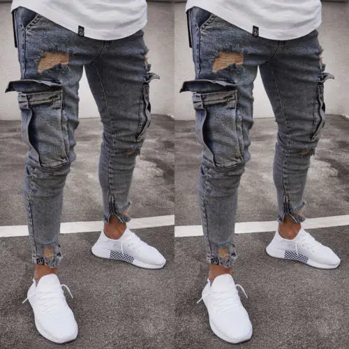 Color Gray Blue Fashion Men's Ripped Skinny Biker Jeans Frayed Slim Fit Long Denim Pants Hole Biker Jeans Color Gray Blue Fashion Men's Ripped Skinny Biker Jeans Frayed Slim Fit Long Denim Pants Hole Biker Jeans