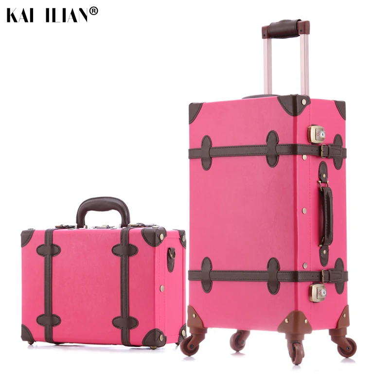 

Women travel suitcase set with wheels cosmetic bag Retro spinner rolling luggage fashion girls trolley suitcase fashion leather