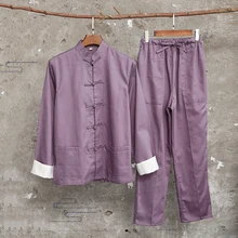 Китайский Мужской однобортный костюм Тан свободный хлопковый льняной комплект кунг-фу Осенняя новая рубашка с воротником мандарина и женские укороченные брюки больших размеров 3XL 4XL