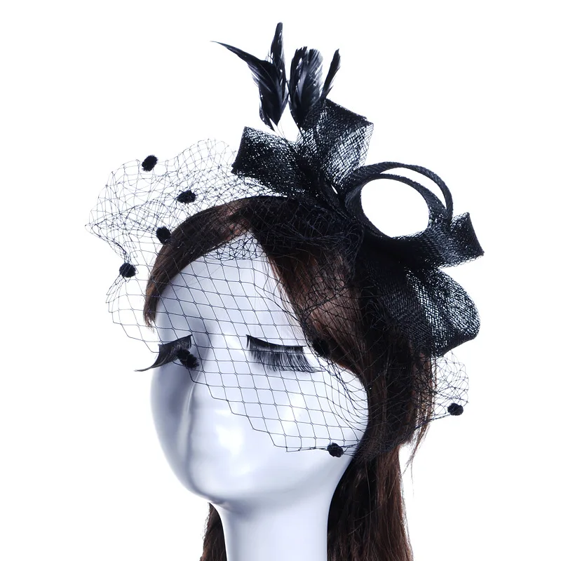 JaneVini элегантные черные свадебные шапки и Fascinators для женские вечерние свадебные сетчатый головной убор с вуалью перо свадебные аксессуары для невест - Цвет: Черный