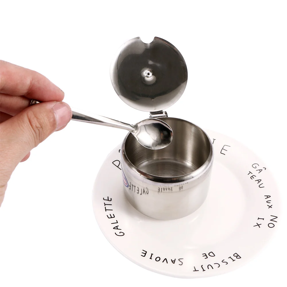 Мини-кухонный горшок для хранения соли из нержавеющей стали для чая, соусов, кофе, варенья, горшок для хранения с крышкой, ложка