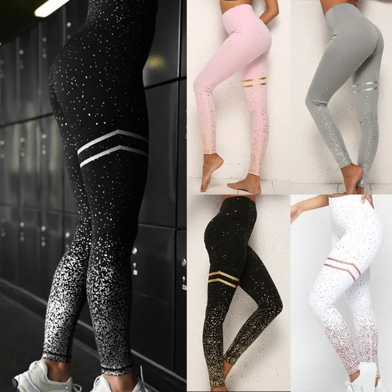

Women High Waist Leggings Hot Stamping Gold Glitter Workout Butt Lift Trouser Athletic Fitness Sport Dotted Slim Long Pants