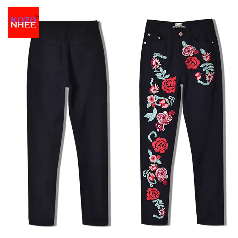 Imvation Женщины Вышитые Джинсы Цветок Высокой Талией Женские Лодыжки Длина