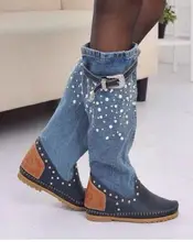 Frauen Frühling Herbst Martin booties Wohnungen Denim Echtem Leder Schnalle perle Kniehohe Stiefel Lady 2015 Neue blau Jean Lange stiefel