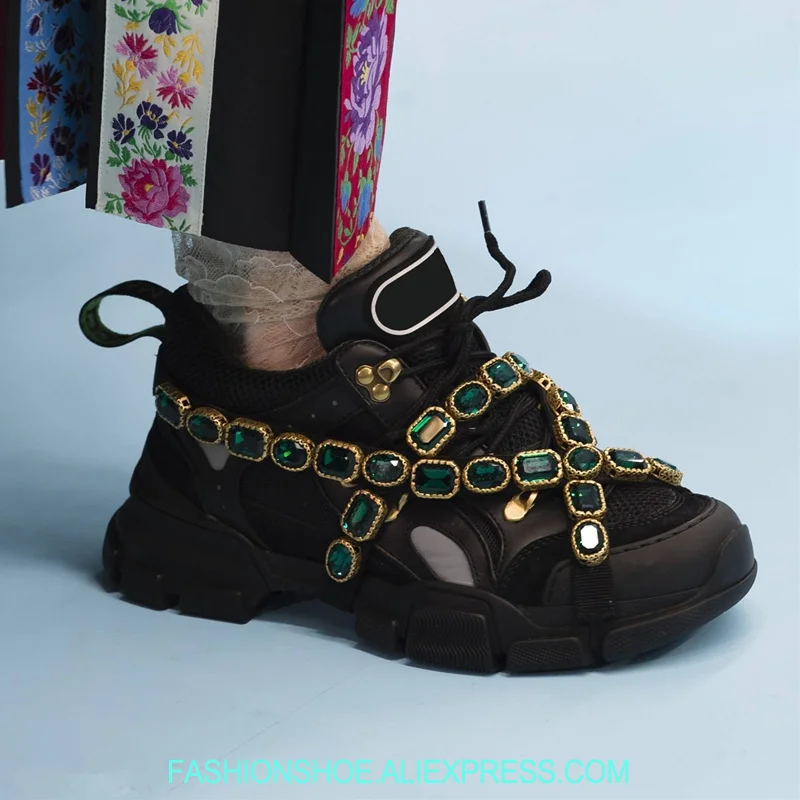 

Luxury Crystal Embellished Chains Mixed Colors Platform Sneakers Summer Sport Shoes Woman Mesh Breathable Runway Women Sneakers