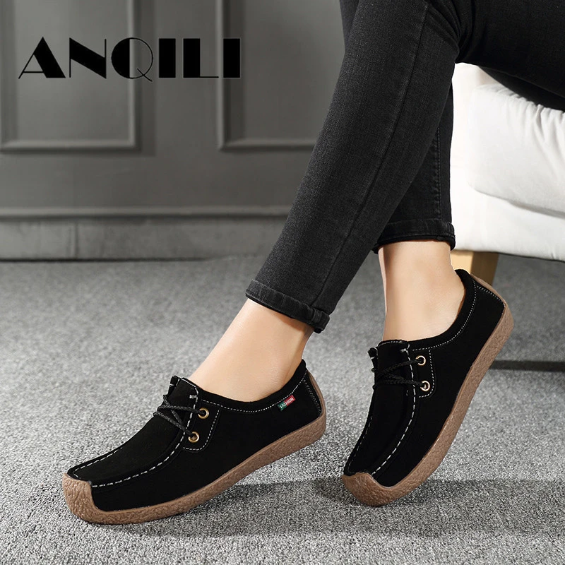 ANQILI 2019 otoño nuevas mujeres casuales cómodos mocasines mujeres gamuza plataforma plana elegantes zapatos de mujer|Zapatos planos de mujer| - AliExpress