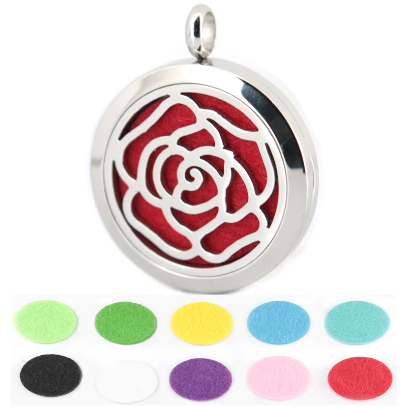 10pcs 30mm Silver Round ROSE Flower Aromatherapy Oils Stainless Steel Perfume Diffuser Locket Necklace Pendant