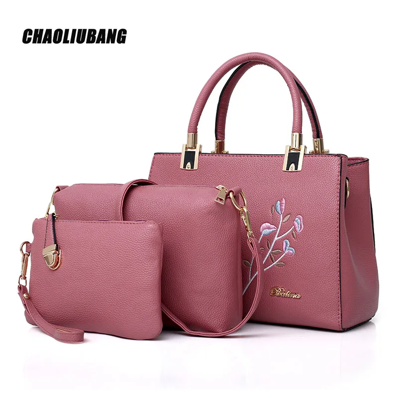 

3Pcs Set 2018 Embroidery Bag Female Leather Handbag Women Hand Bag Messenger Big Crossbody Bag for Casual Tote Sac A Main-4849