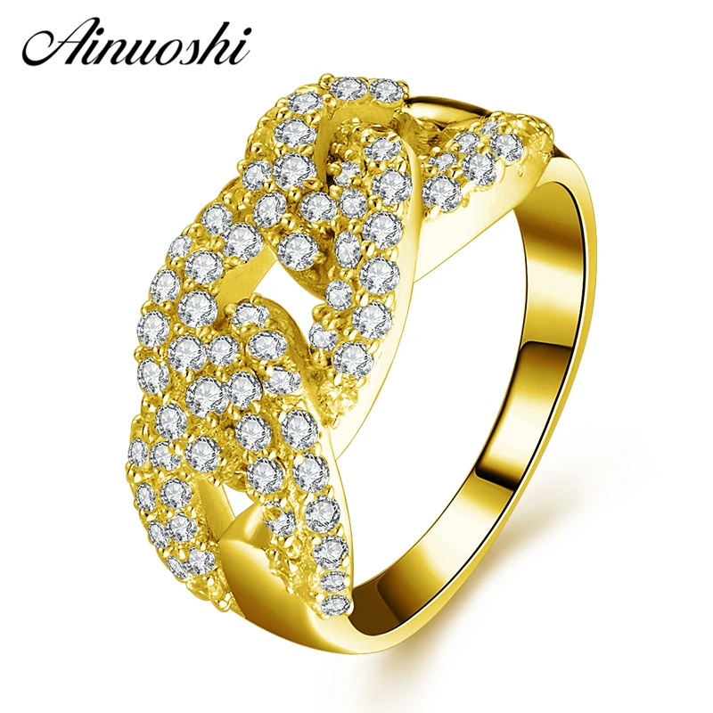 

AINUOSHI 10K Solid Yellow Gold Cluster Ring Shinning CZ Big Link Chain Ring Luxury Bridal Band Engagement Jewelry for Woman Girl