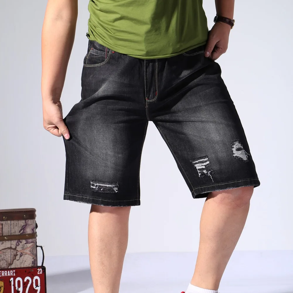 Big Size 44 46 48 Summer New Men's Black Denim Shorts Loose Straight Casual Shredded Jeans Male Brand Clothes