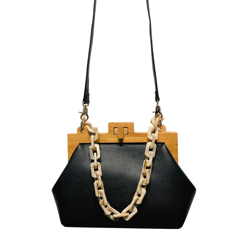 Women'S Box Bag Bucket Bag Wooden Clip Evening Bag Ins Acrylic Chain Luxury Handbag Banquet Party Purse Shoulder Bag - Цвет: Black