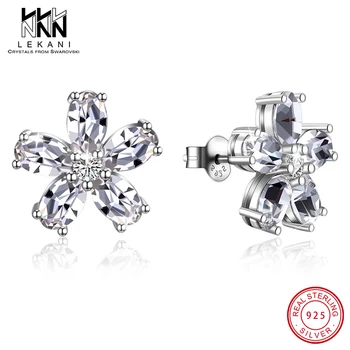 

925 Silver Flower Stud Earrings Crystal From Swarovski Shining Ear Accessoires For Women Lovely Fine Jewlery Anniversary Party