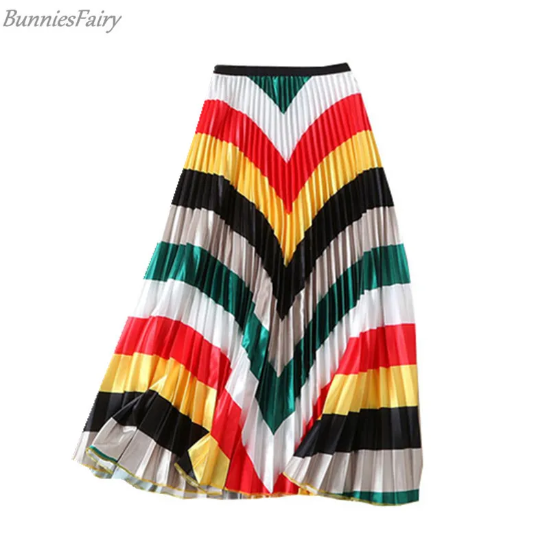 BunniesFairy весна осень Женская Радужная полосатая Геометрическая юбка с высокой талией плиссированная длинная миди юбка с бахромой для пляжного отдыха