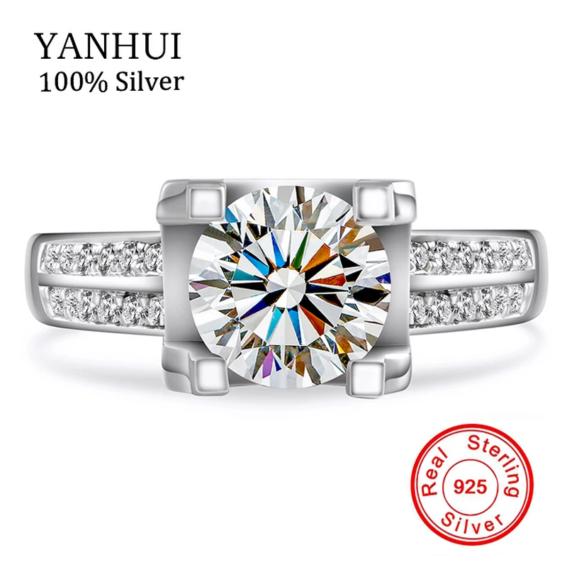 

Big Promotion!!! YANHUI 100% Pure Sterling Silver Rings Jewelry Inlay 2 Carat 8mm Sona CZ Diamant Wedding Rings for Women LR004