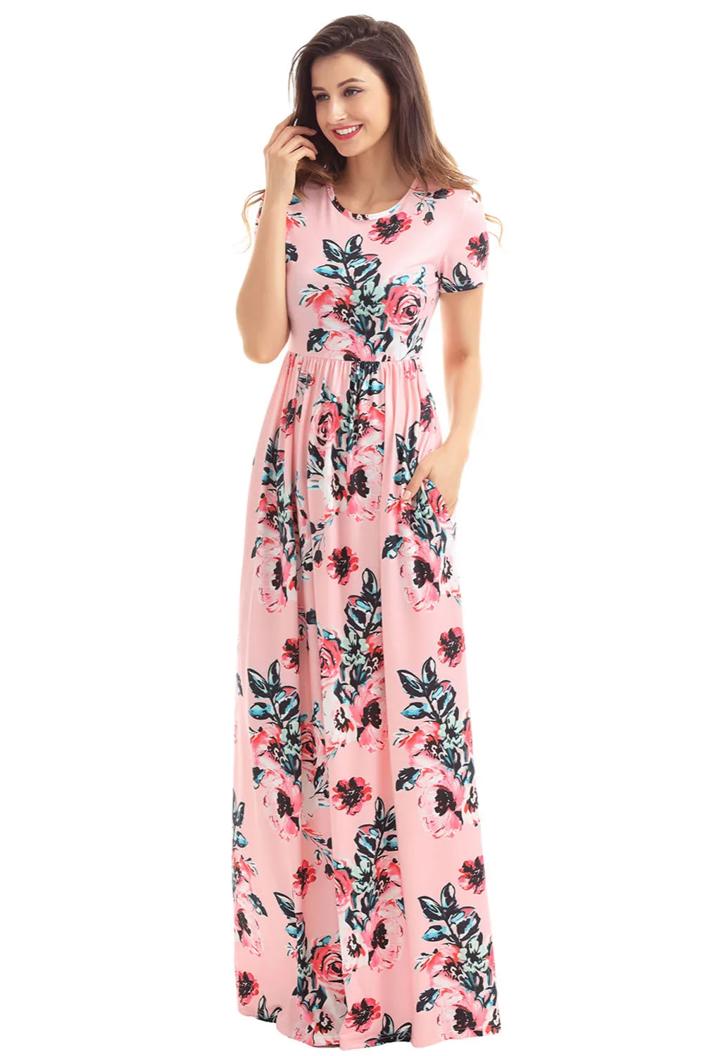 Aliexpress.com : Buy Pocket Design Short Sleeve Blush Floral Maxi Dress ...