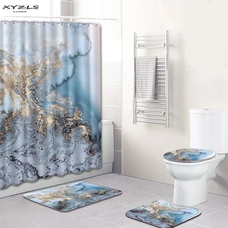 

XYZLS Marbling Pattern Shower Curtain Set Polyester Waterproof Bath Curtain 180x180cm With Bathroom Mat Set