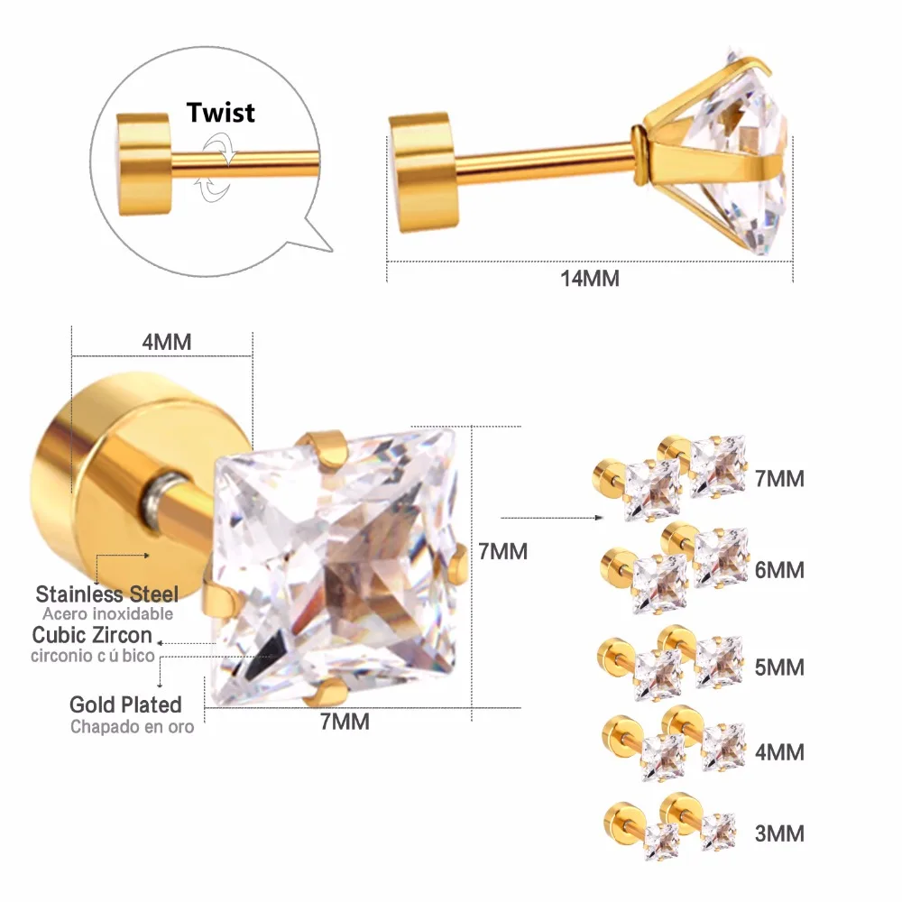 Luxukissids 5 пар/лот, серьги-гвоздики из нержавеющей стали с закручивающейся задней частью, набор, модные ювелирные изделия, 3-7 мм, для женщин, рождественские серьги, подарок