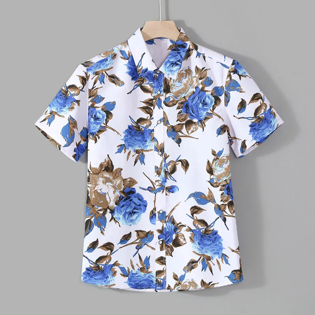 

Shirt Men Color Lump Chest Pocket Tops Short Sleeve Hawaiian Shirt Round Hem Loose Men Shirts Floral Blouse camisas hombre