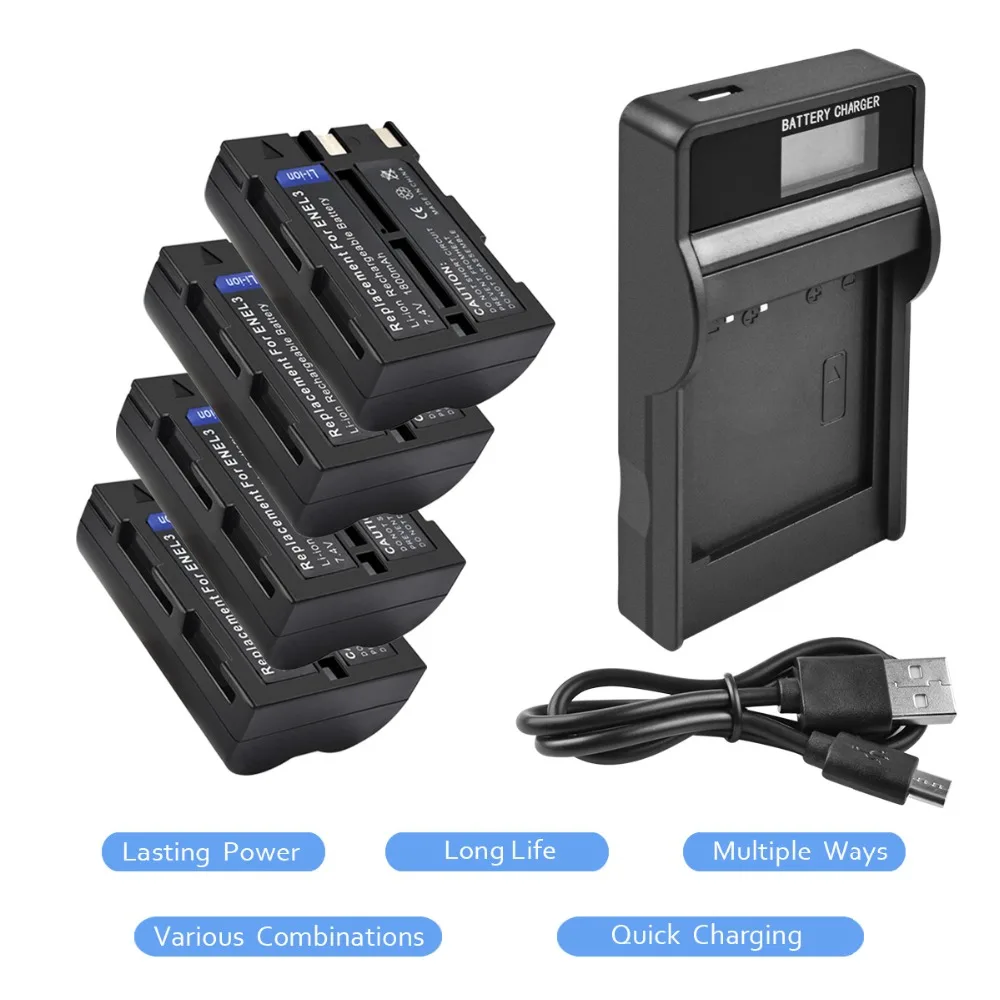 4X 7.4V 1800mAh DSLR EN EL3 EN EL3 ENEL3 Battery+LCDBattery Charger For Nikon D300S D300 D100