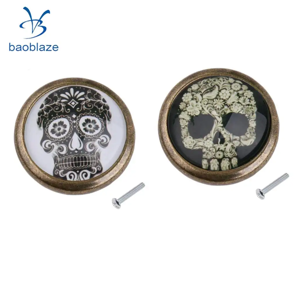 2 Pieces Skull Prints Antique Brass Cabinet Drawer Round Pulls Wardrobe Cabinet Door Cupboard Knob